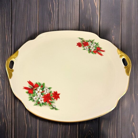 Pickard China Hand Decorated Poinsettia Plate Platter Porcelain USA Holiday VTG - Picture 1 of 16